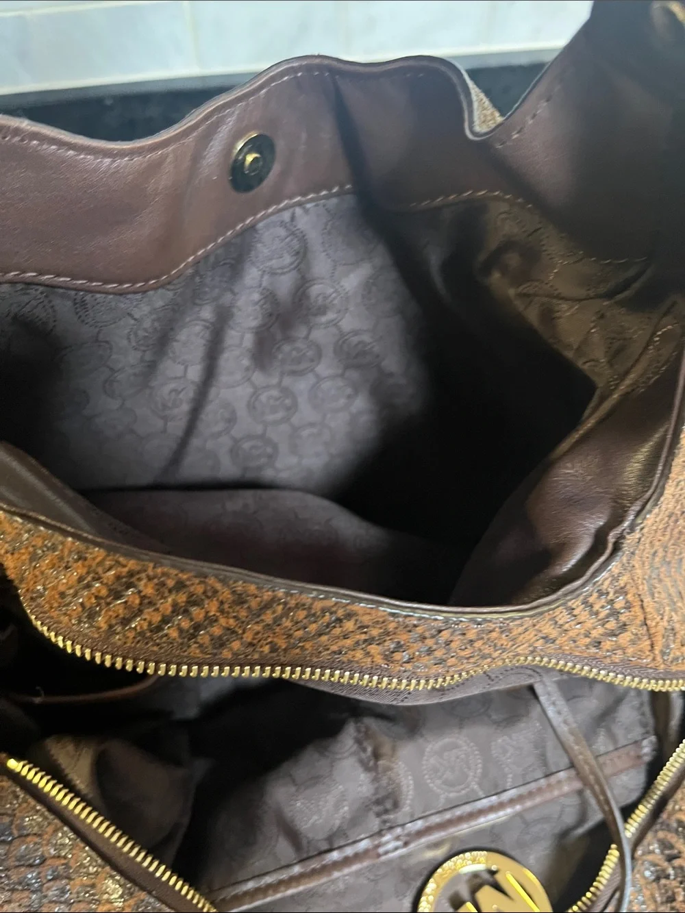Michael Kors Brown Snakeskin-Texture Shoulder Hobo Bag